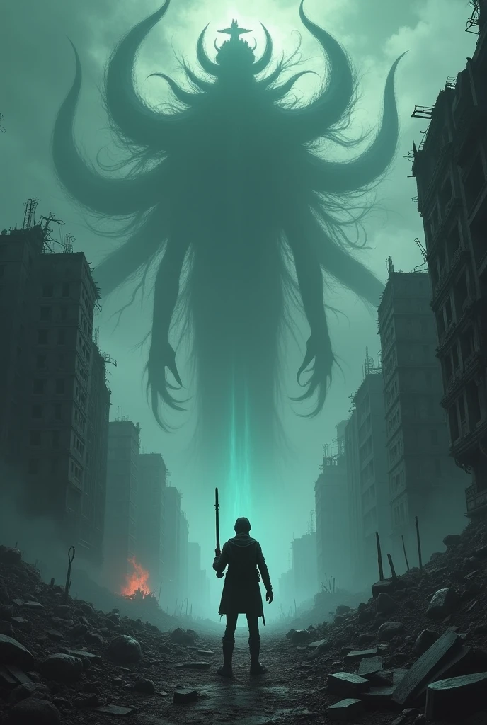 A gigantic floating cuboid structure with dark, twisting tentacles, radiating an intense green light from the circular patterns and eyes with illuminated symbols embedded in their faces. The scene has a dark and futuristic atmosphere., with a greenish-yellow lighting that envelops the entire space, full of geometric shapes and blocks suspended in the air. Two tiny, zombified figures appear to be wandering in front of this monstrous entity., highlighting its colossal scale. The atmosphere is oppressive and mysterious., as if the place were a prison or a temple of some cosmic deity. The style is a combination of science fiction and cosmic horror, with intricate details and a sense of alien grandeur.