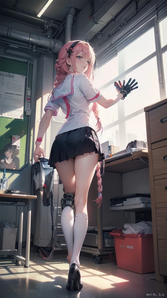 Full Body Shot,Perfect Eyes, Soft Light, high quality, 8k resolution, Masterpiece: Finely textured skin, Attention to detail, 最high quality, Awards, Very detailed, high quality,((Teenage Girls,Student Uniform,High school girl,Body 30％mechanical,Laugh naturally:1.35,The left leg is a prosthetic:1.25,His right arm is a complete prosthetic.,Wearing half spats under her skirt,Prosthetic arms and legs are futuristic,Soft looking lips,Glowing skin,Hair is braided,Hair Accessories,Soft-looking skin:1.25)),I&#39;m good at running,Run with your thighs up,Running forward:1.25