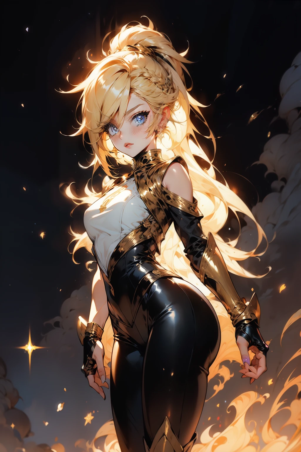 girl, blonde,ultra messy hair, multicolored bangs, braids, long ponytail, angelical forniture, celestial guardian, purple and pink theme, cute pose, long celestial boots, yoga pants, iron shoulders, short breastplate, fingerless gloves, gold gauntlets, ultra detailed face, long eyelashes, glowing eyes, MD Rin, lovely, Alta resolução, Obra-prima, Preciso, Melhor qualidade,