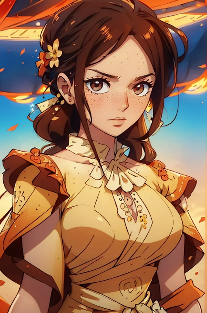 Create an image of a woman with a determined expression, her skin a warm amber tone and her curly brown hair adorned with a delicate flower. Her face is sprinkled with freckles, adding a touch of youthful charm. She wears a traditional orange Spanish-style dress, with intricate details and flowing fabric, exuding elegance and grace. The background is a sky with a few scattered clouds, giving the scene a serene yet powerful atmosphere. The combination of her strong demeanor, the flower in her hair, and the detailed Spanish dress creates a captivating and dynamic visual.