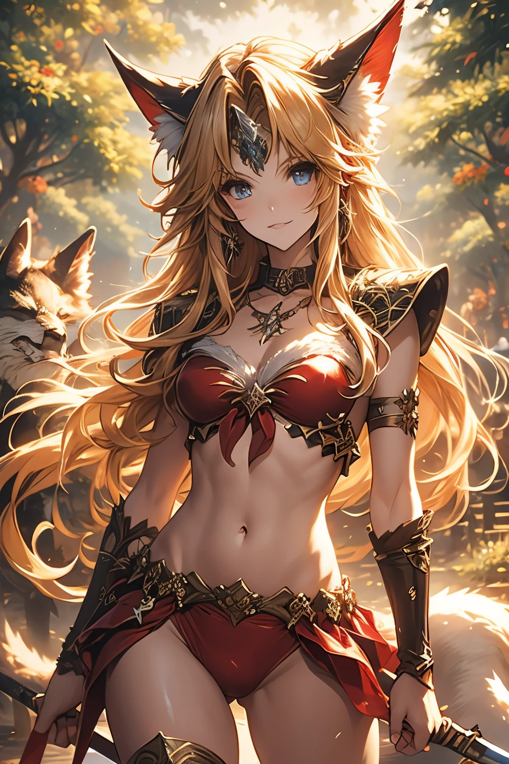 （（（ＳＦＷ、sound、Highest quality、first-clasasterpiece、Normal body、8k、Detailed face、Ultra-precision、Normal hand、Normal finger、５finger、Highest）））、Secret of Mana 3、lease、Class 3、Fenrir Knight、Blonde、Long Hair、Straight Hair、Hair ribbon、Red fur bikini、Red high leg bikini、gun、Long Spear、Combat Ready