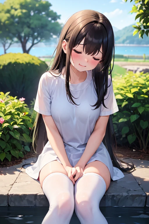 1girl, 20 yo, colorful Underwear, man t-shirt, Squatting, knees together, beautiful garden, กระโปรง เปิด มองเห็นกางเกงใน, กางเกงในสีขาว, กางเกงในรัดรูป, camel toe,