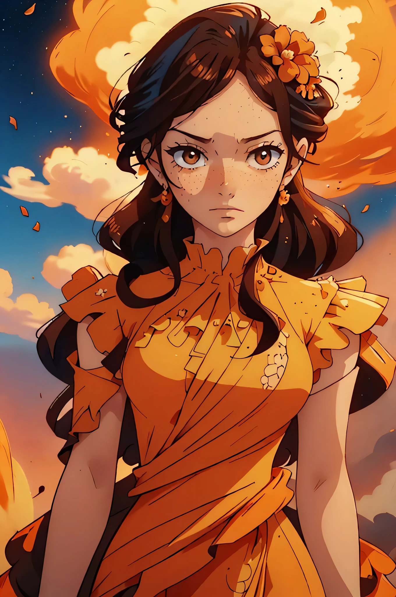 Create an image of a woman with a determined expression, her skin a warm amber tone and her curly brown hair adorned with a delicate flower. Her face is sprinkled with freckles, adding a touch of youthful charm. She wears a traditional orange Spanish-style dress, with intricate details and flowing fabric, exuding elegance and grace. The background is a sky with a few scattered clouds, giving the scene a serene yet powerful atmosphere. The combination of her strong demeanor, the flower in her hair, and the detailed Spanish dress creates a captivating and dynamic visual.