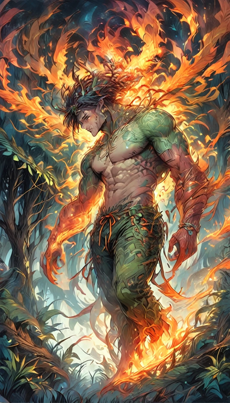 A muscular adult man with a bright aura, shirtless and wearing leaf shorts, walking through a dense forest, full body visible, natural human anatomy, ((feet turned backwards)) inverted, foot deficiency, Curupira-inspired fiery hair and yellow eyes, high quality 4k image with many details, distant view, masterpiece quality, accurate and detailed background, original work, full body shot with deep forest background and night scenery, windy environment, anatomically correct, ferocity