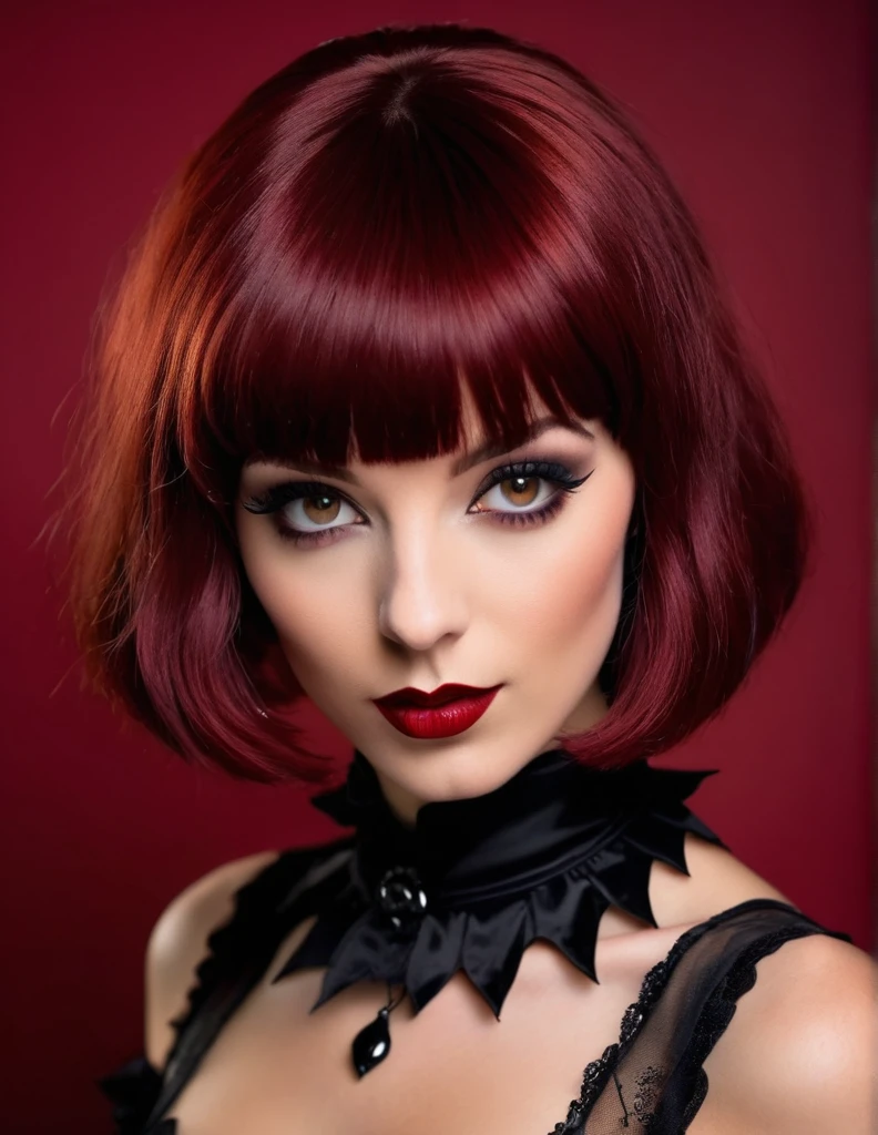 very attractive english girl with dark red bob hair, with bangs, mid twenties, wearing a sexy vampire halloween costume