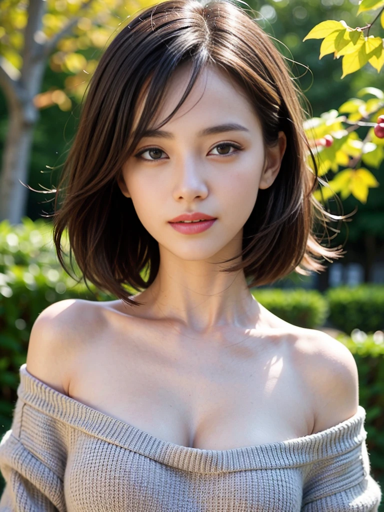 (highest quality、on the table、8K、best image quality、Award-winning work)、(young girl, 14 years old:1.3)、(Perfect V-neck long red sweater:1.2)、(red eyeshadow:1.2)、perfect makeup、long eyelashes、Ultra HD Shining Eyes、ultra hd hair、ultra high resolution glossy lips、Super high resolution perfect teeth、Super high resolution cute face、brown hair、(very short straight hair:1.1)、look at me and smile、[clavicle]、accurate anatomy、Luxury love hotel、(the moodiest warm light:1.2)、blurred background、have bangs、Super high-resolution glossy and moisturized face、Super high resolution glowing skin、The most delicate face、Ultra high resolution detailed faces、ultra high resolution hair、Super high resolution shining eyes、A beautiful face with detailed expressions、Super high resolution glossy red lips、big breasts、Split、fashion necklace、white camisole