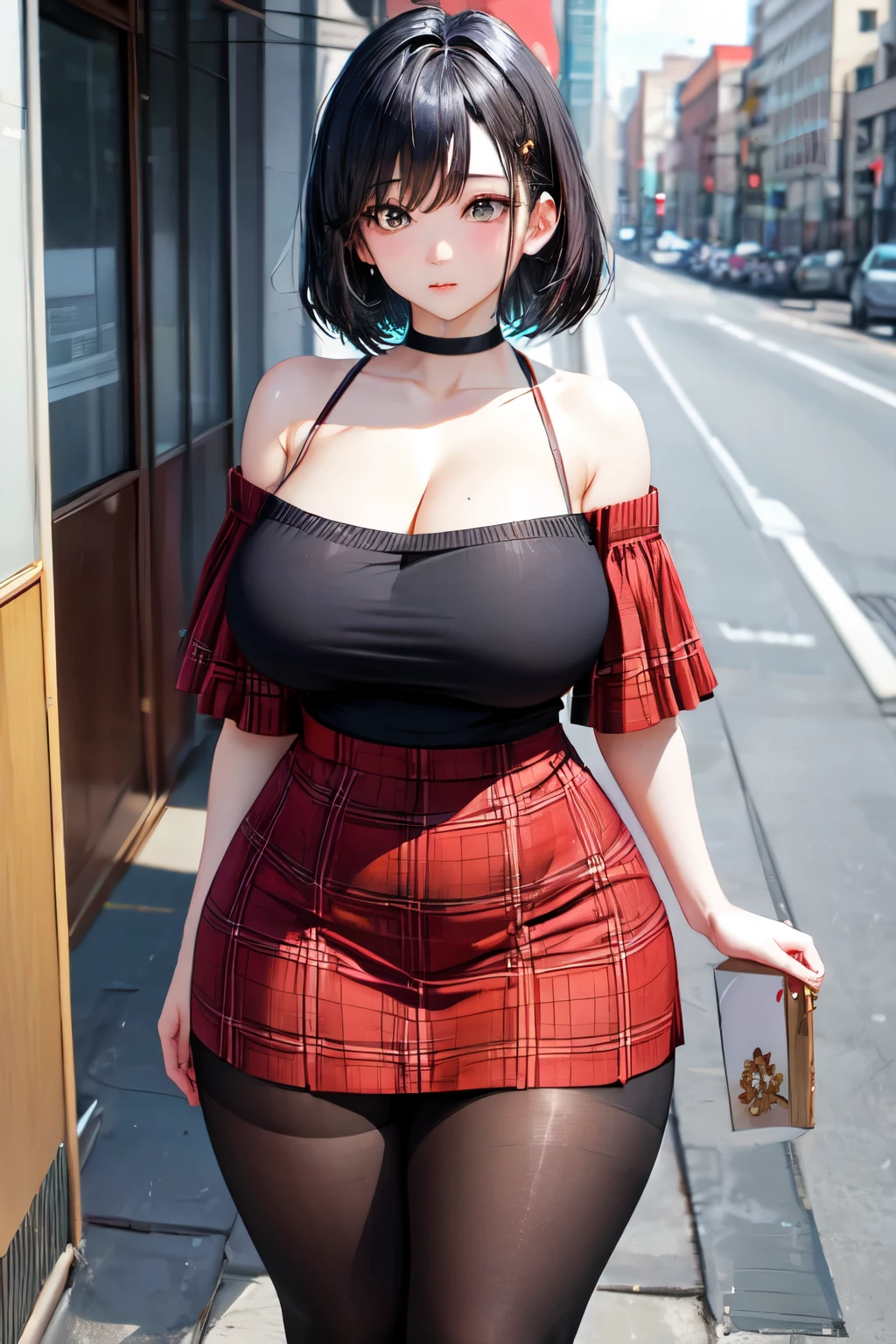 sole_female,8K RAW photo, high resolution, (solo view), (kpop idol), (korean beauty), highres, perfect body, ultra-fine face, fine eyes, double eyelids, (symmetrical eyes:1.1), 20 years old, curvy, short hair, black hair, (slim waist), (huge hip, huge pelvis:1.1), (thick thighs and legs), (huge breasts:1.1), (slim arms), (lustrous skin), street, animated, plaid_skrt, pantyhose, Off-shoulder knit, chocker, long skirt, 