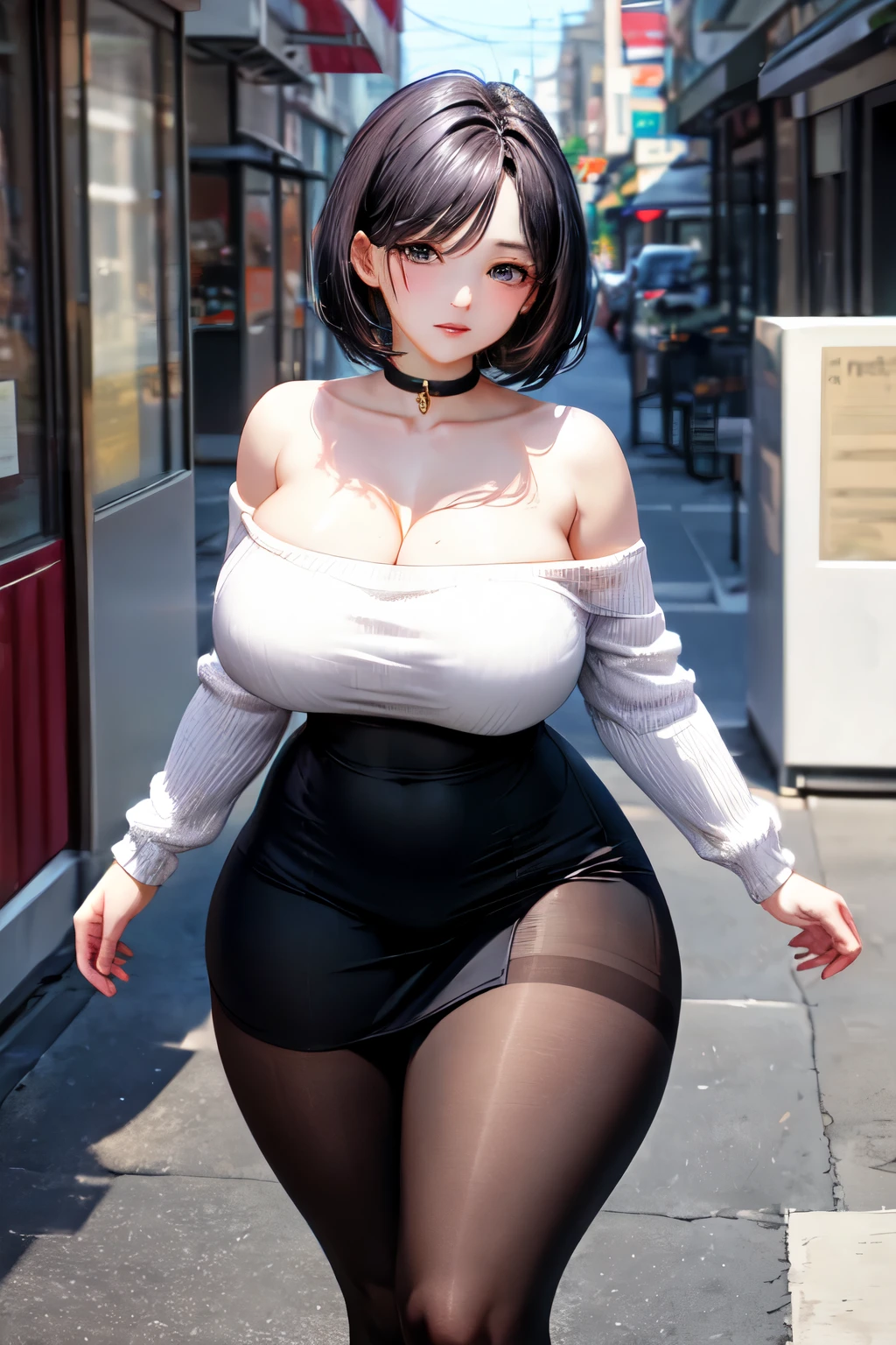 sole_female,8K RAW photo, high resolution, (solo view), (kpop idol), (korean beauty), highres, perfect body, ultra-fine face, fine eyes, double eyelids, (symmetrical eyes:1.1), 20 years old, curvy, short hair, black hair, (slim waist), (huge hip, huge pelvis:1.1), (thick thighs and legs), (huge breasts:1.1), (slim arms), (lustrous skin), street, animated, plaid_skrt, pantyhose, Off-shoulder knit, chocker, long skirt, 