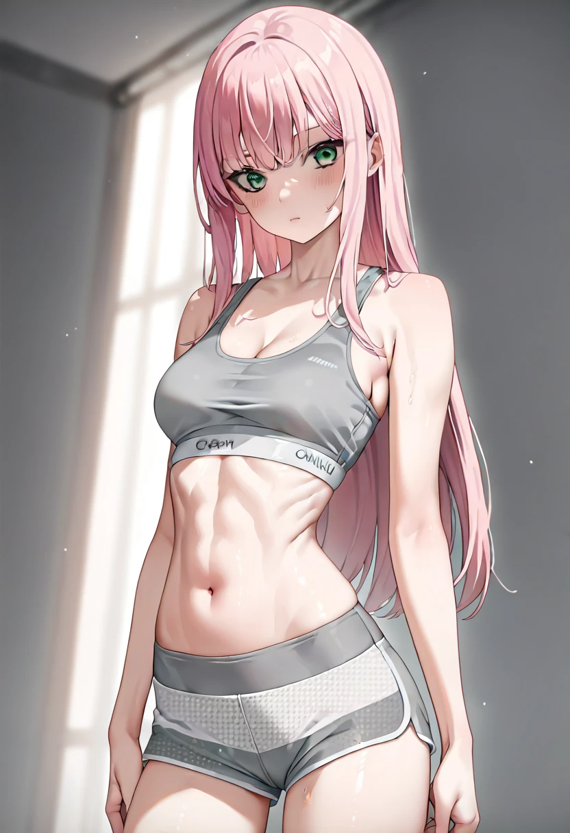 score_9, score_8_up, score_7_up, score_6_up, score_5_up, score_4_up, rating_explicit, (source_anime), 1 girl, (pink hair), (long straight hair), (green eyes), skinny, slim breasts, ((gray sports bra)), ((gray sports shorts))