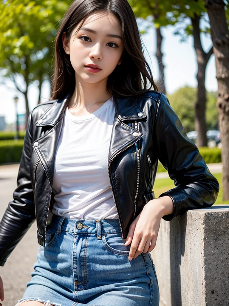 a park、 a picture、realisitic、Beautuful Women、Leather jacket、tshirts、Denim tight skirt、A detailed face、Detailed lips、A detailed eye、luslous skin、One Person