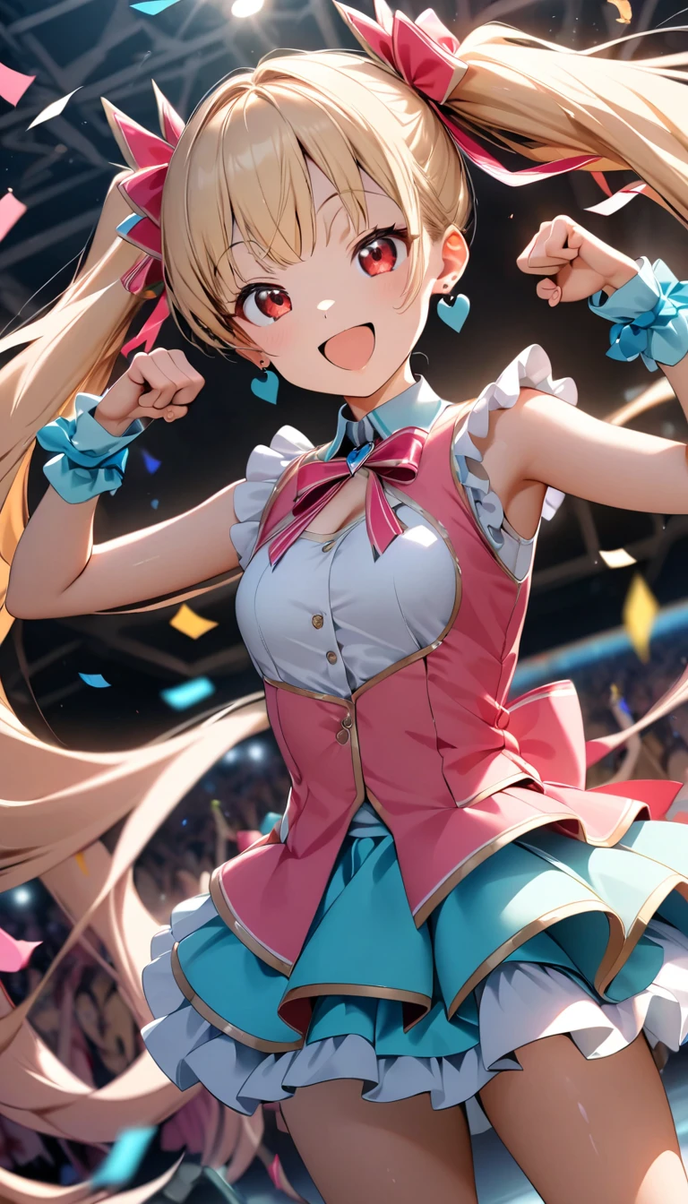 Cinematic Light, Alone, (((1 girl))), blonde, Long Hair, Twin tails, Red eyes, jewelry, Earrings, Idol Costumes, Cute frills, Pastel colors, Beautiful thighs, Flared Skirt, (smile:1.5), ((Open your mouth:1.2)), ((Random Action Pose:1.2, heartが弾ける)), (tits), A lot of confetti, ((dance, Dutch Angle, heart:1.1)), Beautiful Skin, Shiny skin, Perfect Fingers, Five fingers, Background Blur, high quality, Surreal, Bright colors, ((Very detailed, photo shoot)),