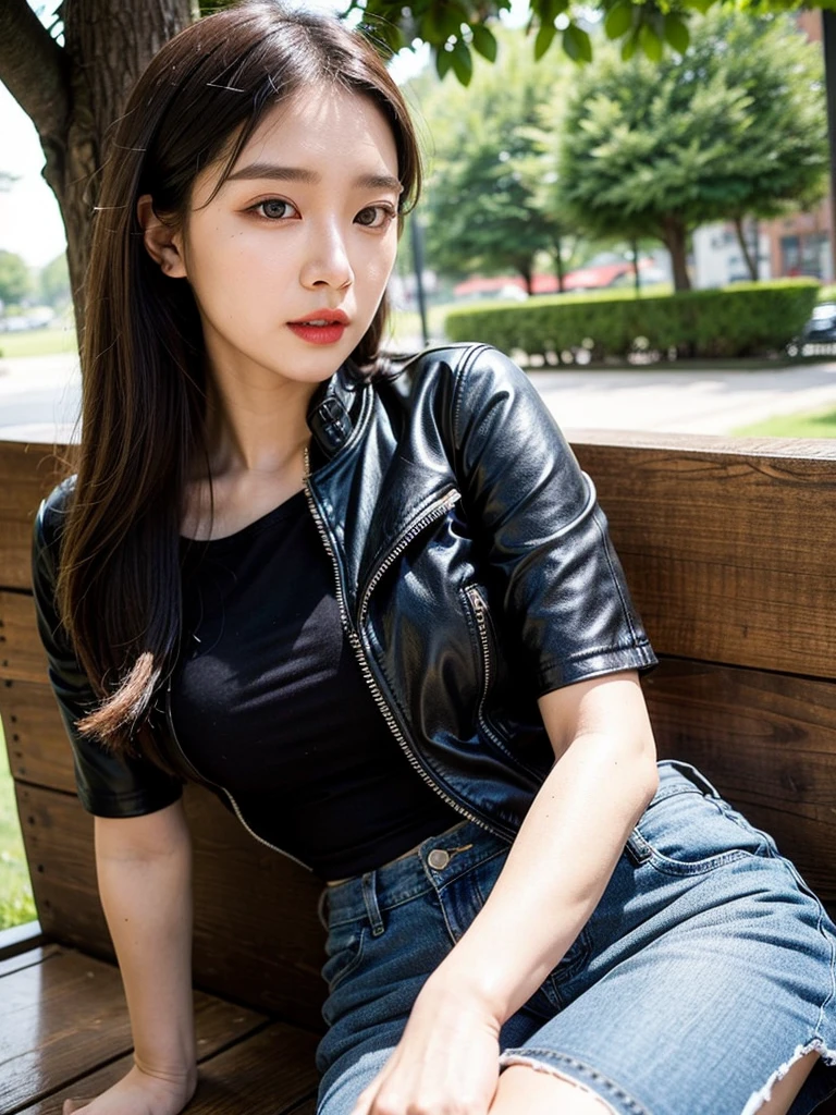 a park、 a picture、realisitic、Beautuful Women、Leather jacket、tshirts、Denim tight skirt、A detailed face、Detailed lips、A detailed eye、luslous skin、One Person