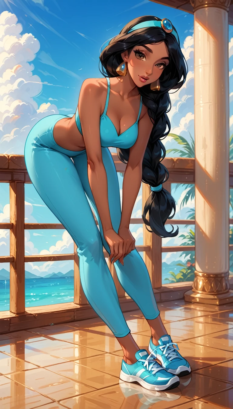 score_9, score_8_up, score_7_up, rating_questionable, epiCPhoto, 1girl, very sexy (Disney's Jasmine, ja_n, arabian woman, brown skin, black hair, brown eyes, thick braid, turquoise headband with sapphire:1.1), beautiful waifu, yogapants, sky blue yoga pants, standing in gym, long legs, sneakers, round butt, thicc, (bent over:1.3), solo, cute, flirt, gaze, sexy look, half-closed eyes, head tilt, filled lips, thick lips, makeup, modelling shoot, sexy pose, dark, moody, dark fantasy style, perfect hands.