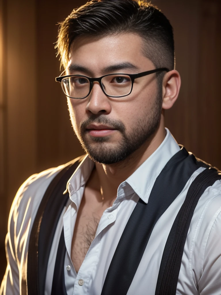 george bernard, george pei, masterpiece, best quality, solo, crew cut, (((full body))), ((scenery)), mature man, muscular, beefy body, asian man, brown eyes, rounded face, glasses, (((stubbles, Short beard))), (Beautiful eyes:1.3), (Detailed face:1.3), Dynamic Angle, volumetric lighting, (Best quality, A high resolution, Photorealistic), Cinematic lighting, Masterpiece, RAW photo, Intricate details, hdr, depth of field, tall, masterpiece, best quality,  white shirt, mugshot, wall background, detailed eyes, detailed facial features, realistic and high resolution (best quality, 4k, 8k, highres, masterpiece:1.2)