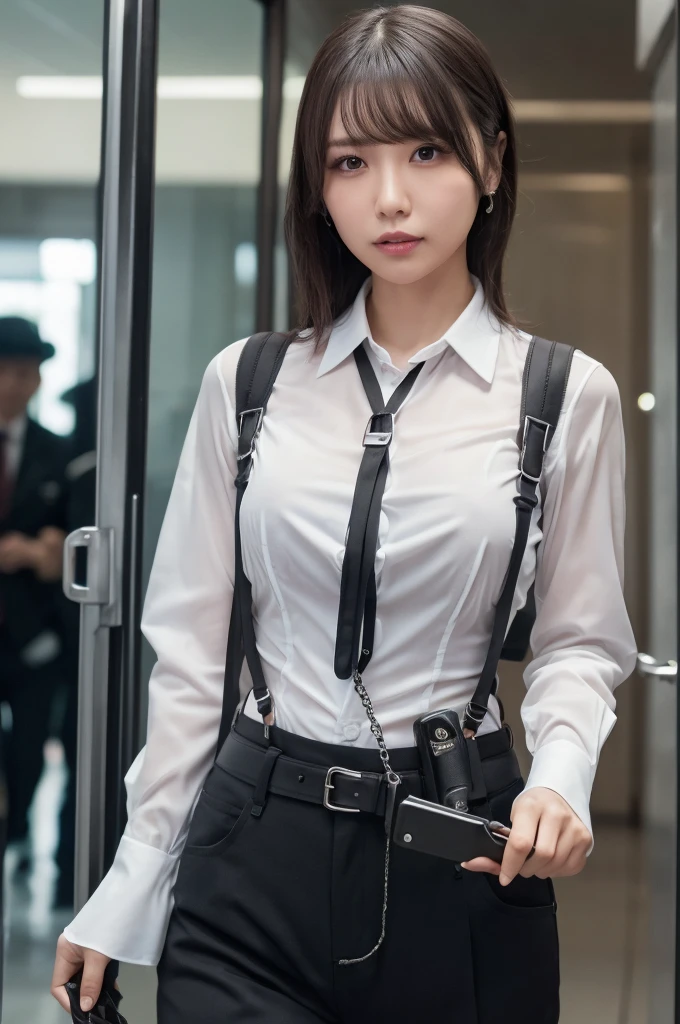 a woman in a suit, belt, hands behind back, sweating, suspenders, black pants, large breasts, see-through clothing, rain, detective, office worker, white button-up shirt, (best quality,4K,8k,highres,masterpiece:1.2),ultra-detailed,(realistic,photorealistic,photo-realistic:1.37),hyper-detailed,highly detailed face and body, Slender　thin　suspenders　Moderate breasts　See-through shirt　Nipples　holster　chain　Pistol　Armament　criminal　Female criminal　knife 　 Hands Behind Back　Constraints 程よい胸 黒いマスク
