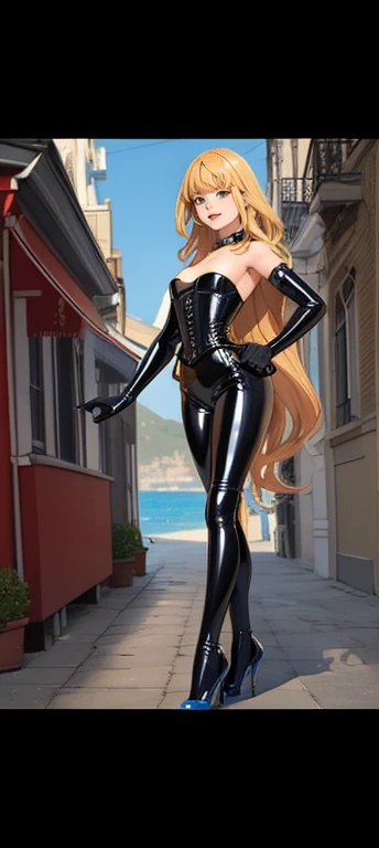 (superflat, flat shading, flat colors:1.1), (seaside), 1girl, little, ****, slim, small breast, (tanned skin:0.6), long blonde hair, blue eyes, (tight leather lotard, leather corset,long latex gloves), cover breasts, smile, blue sky, bright sunlight, best shadows, watercolor,leather outfit,  ,tiny young body, happy, dominant, femdom, flirting, seducing viewer ,model pose, abusing a man, high heels mary jane shoes, pantyhose, dominatrix outfit 