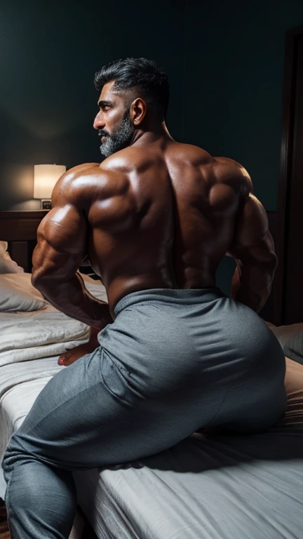 From back view, A handsome 40 years old indian latino rugged soldier white skin thick beared oily body muscular daddy man laying on bed under bedsheet in bedroom, masterpiece, hd, HDR, depth of field, hd, hdr, D750F nikon camera photography, sharpness, detailed picture, masterpiece 