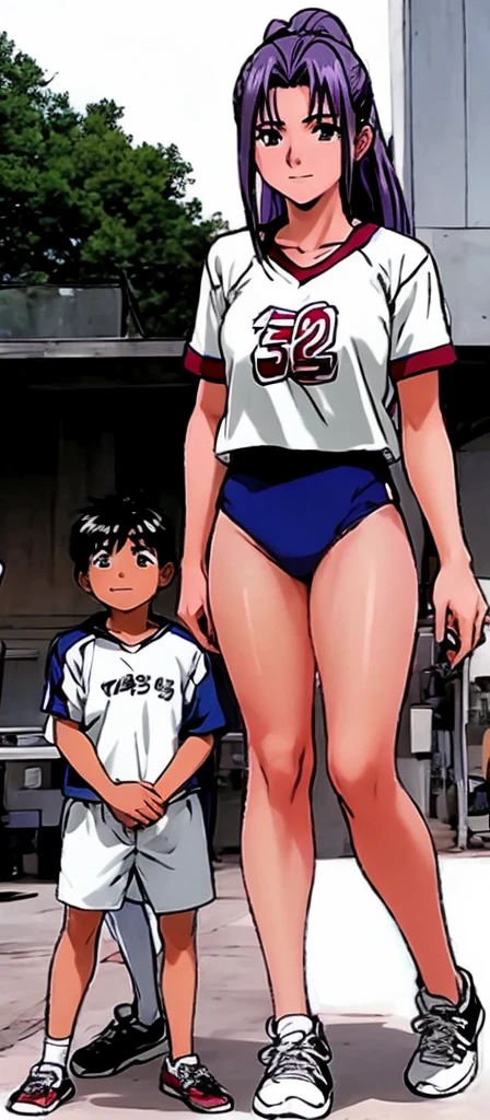 A boyish, short-haired, busty, beautiful-legged woman is standing by the pool in a competitive swimsuit with a stunned expression, blushing and with her mouth open.。A middle-aged man is standing a little distance away, taking pictures with his camera.。
