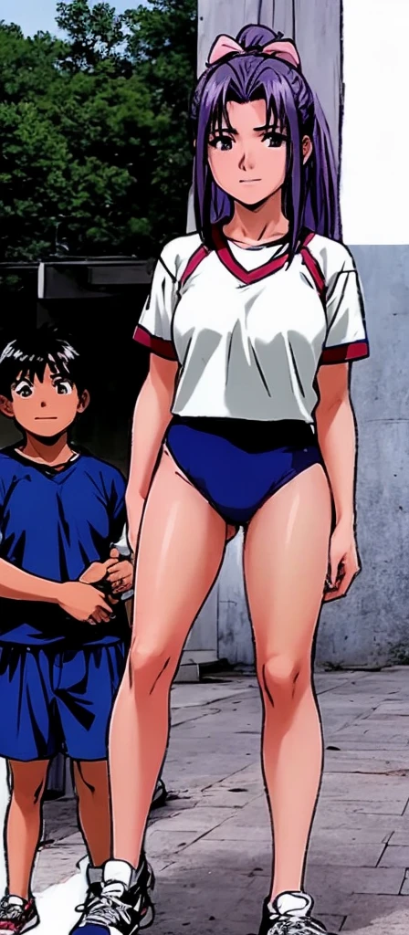 On the right stands Momoko Koigakubo in gym clothes with beautiful legs.。On the left stands a young boy in a jersey.。High image quality。