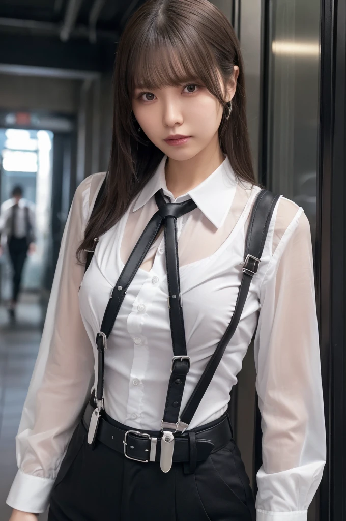 a woman in a suit, belt, hands behind back, sweating, suspenders, black pants, large breasts, see-through clothing, rain, detective, office worker, white button-up shirt, (best quality,4K,8k,highres,masterpiece:1.2),ultra-detailed,(realistic,photorealistic,photo-realistic:1.37),hyper-detailed,highly detailed face and body, Slender　thin　suspenders　Moderate breasts　See-through shirt　Nipples　holster　chain　Pistol　Armament　criminal　Female criminal　knife 　 Hands Behind Back　Constraints 程よい胸 黒いマスク
