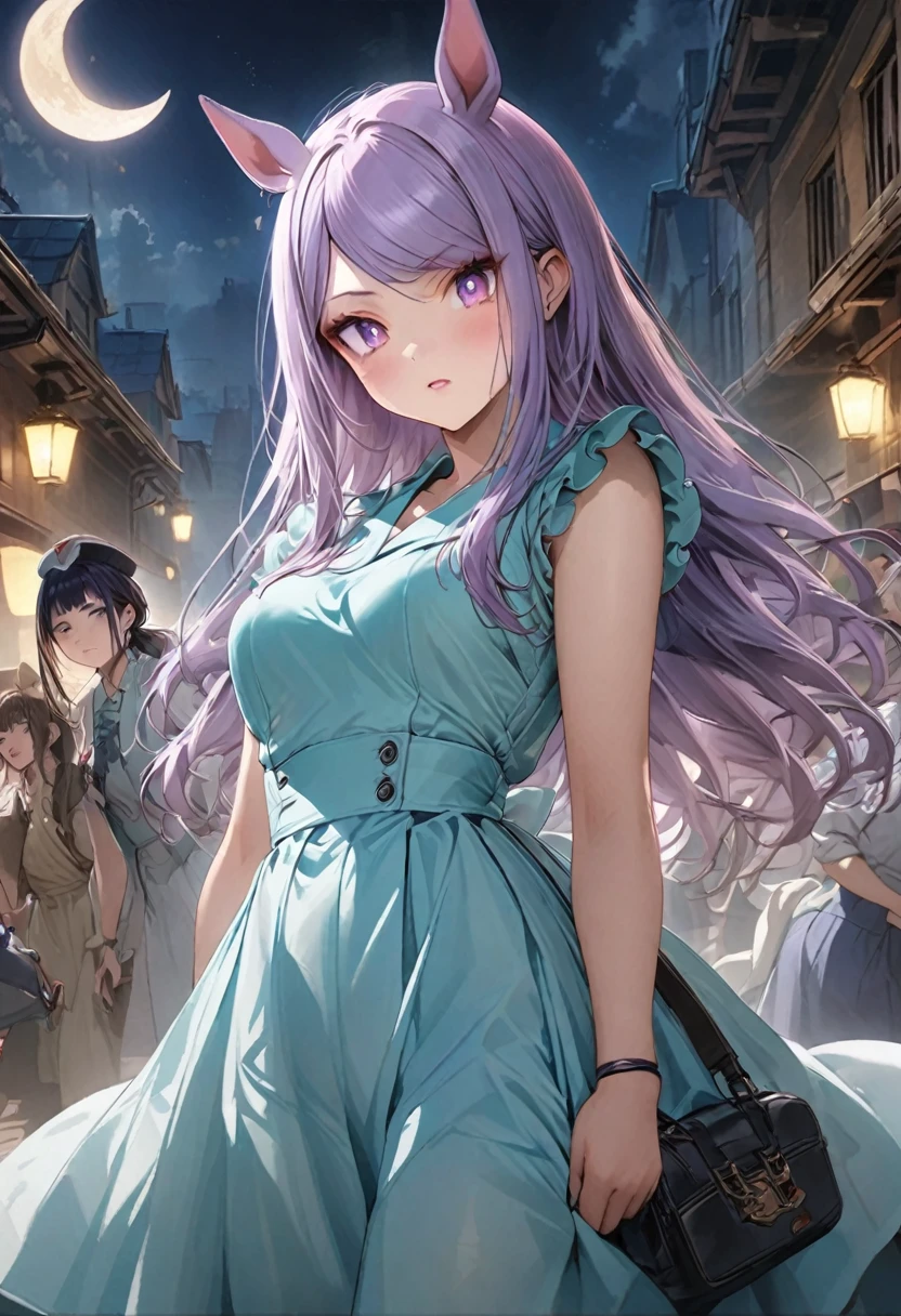 Night view crescent moon、A scene from the cinema、Exotic、Purple long hair、purple eyeshadow purple eyes、Horse Girl、Ear on hair、Mejiro McQueen、Official Art、