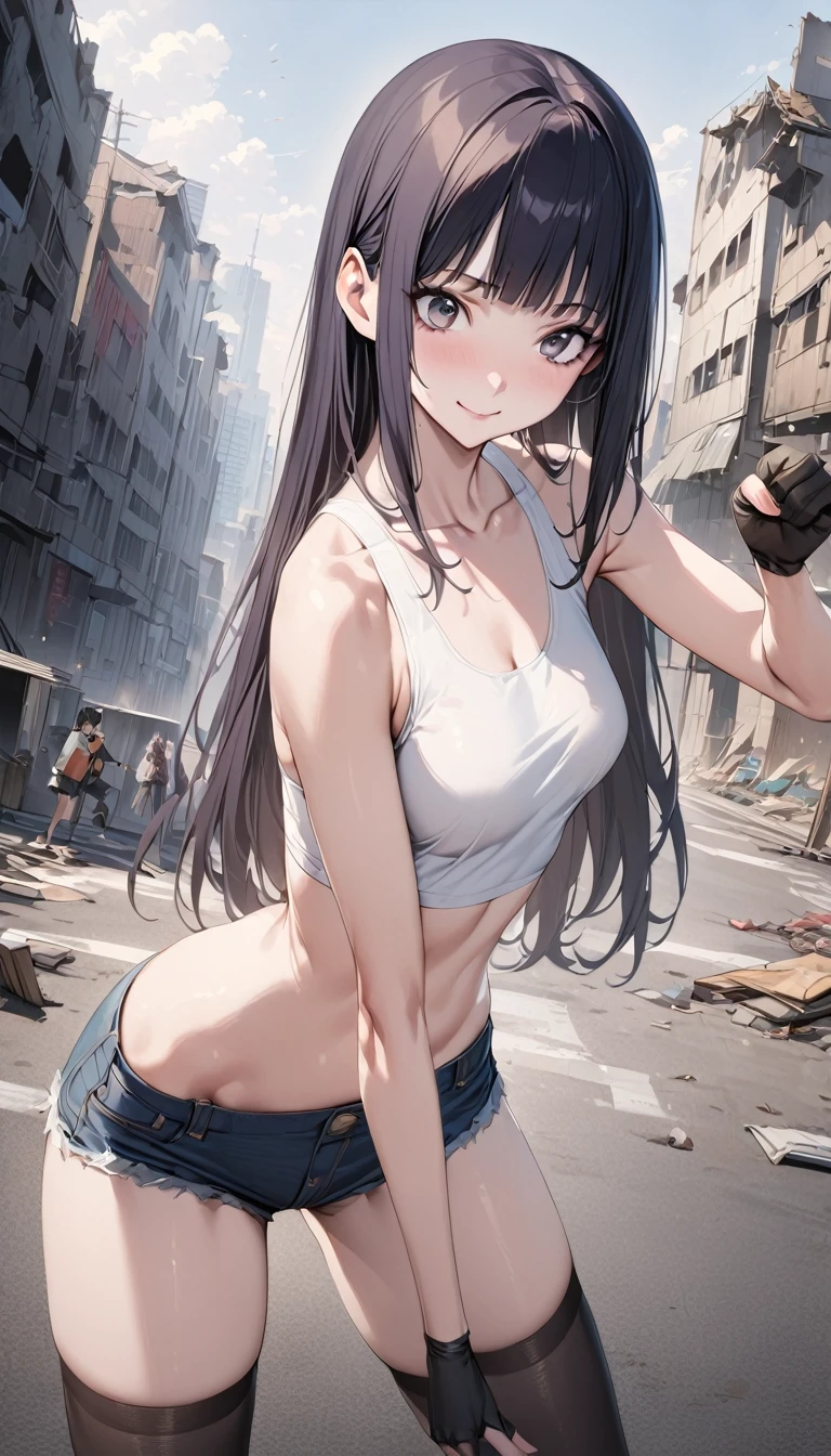 Action Scenes、((masterpiece,best quality anime:1.3,Best Quality)),realistic,cowboy shot,portrait,1woman,young adult,(dark blue hair),straight long hair,bangs,(very small head),gray eyes,(gorgeous big eyes),smile,(long body),medium breasts,(Combat Uniform、White tank top、Denim shorts,black_thighhighs,),Open-fingered black gloves,toned body,fighting pose,standing,on street,Collapsed Buildings、Dilapidated cityscape、End of the World、Dynamic Angle、