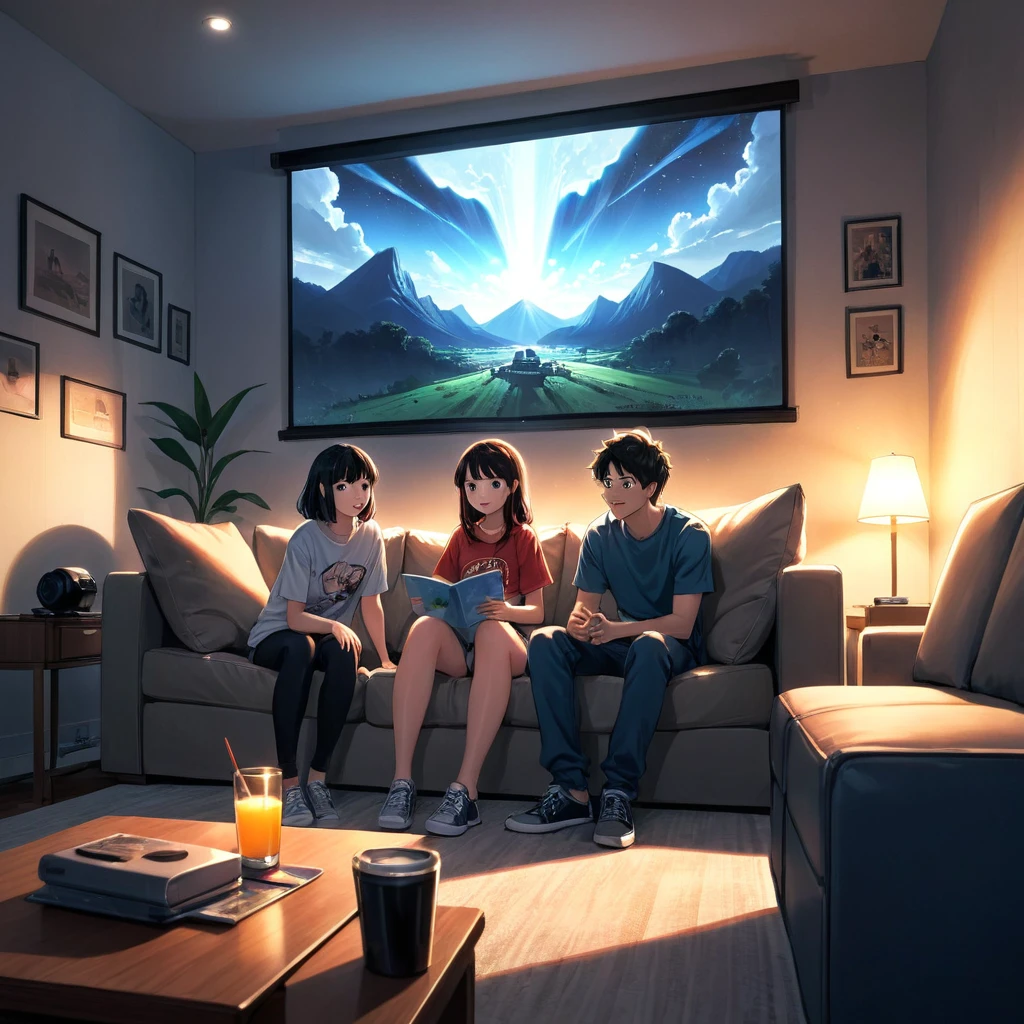 Here is the image of children watching TV with a cat in a comfortable living room. Please let me know if you require any modifications or an alternative image.