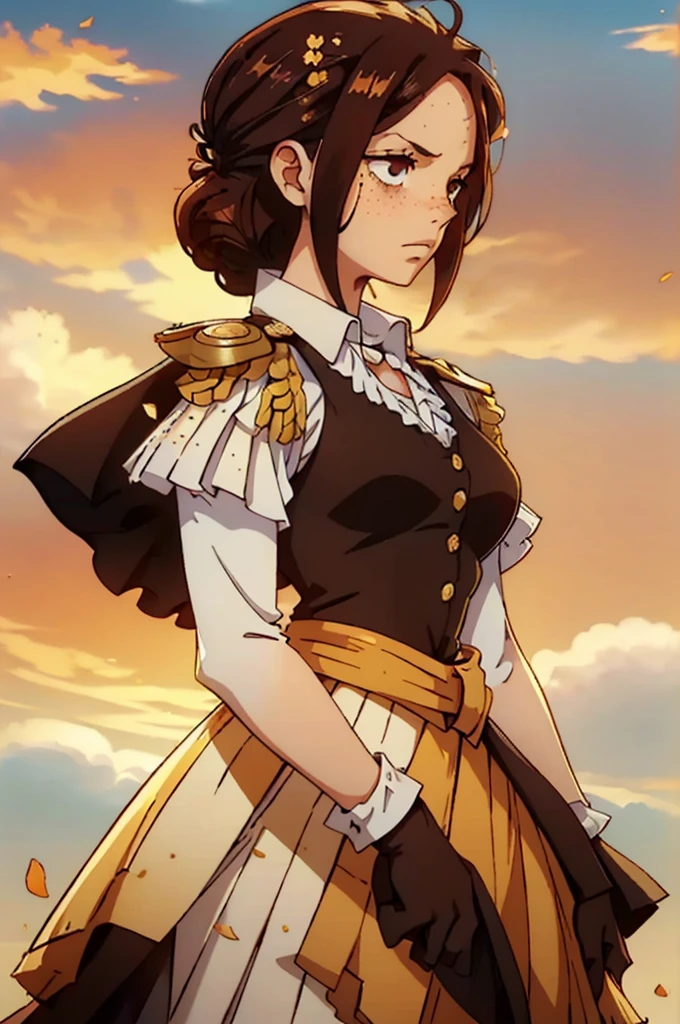 Create an image of a young woman with a determined expression, her skin a warm amber tone and her curly dark brown hair flowing in the wind and adorned with a delicate flower. Her face is sprinkled with freckles, adding to her youthful appearance. She wears a white admiral's coat draped over her shoulders, featuring gold epaulettes with fringes. Underneath, she is dressed in a button-up shirt with a vest and a pleated skirt, which enhances her youthful look.The background is a soft sky with a few clouds, complementing her strong yet fresh appearance. Her poised stance and detailed attire create a vivid and striking image.