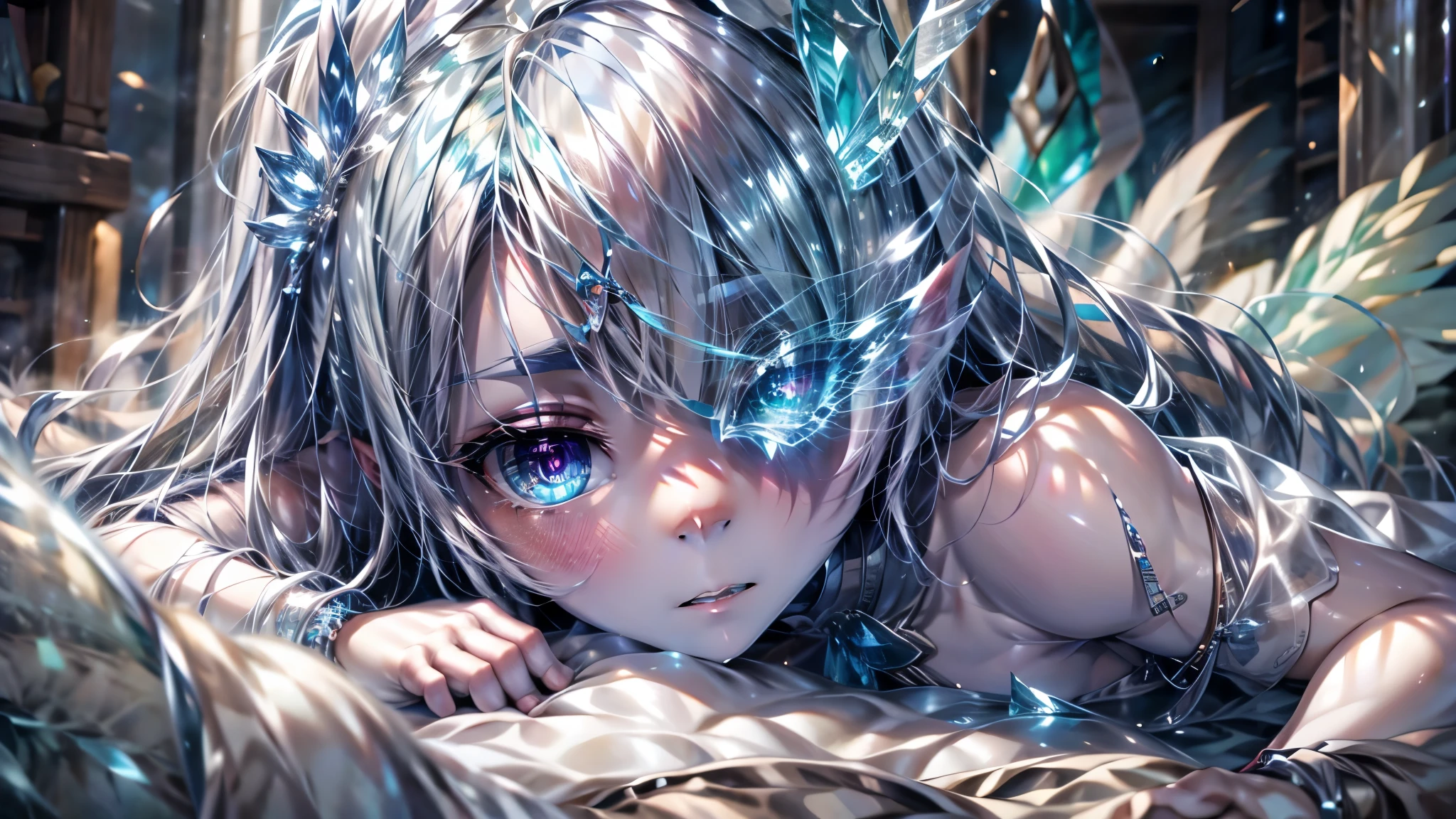 High resolution, masterpiece, Best Quality, Textured skin, Crystalline skin, Glowing Skin, girl, Illustration of a single person, Lying down, Clear Skin, Clear skin, Light penetrates the skin, Wearing clothes made of ice, Wears clothes made of crystals, A body made of glass, Gray Hair, White eyelashes, Princess, Ice ornaments, Small breasts, Ice crystals, On the bed, Five fingers, Glass Ear, A blue flame flickers from one eye., flame over one eye, flaming eye, Purple right eye, Purple Crystal, Heterochromia iridis, Glowing Eyes, Suffocating, anxiety, 