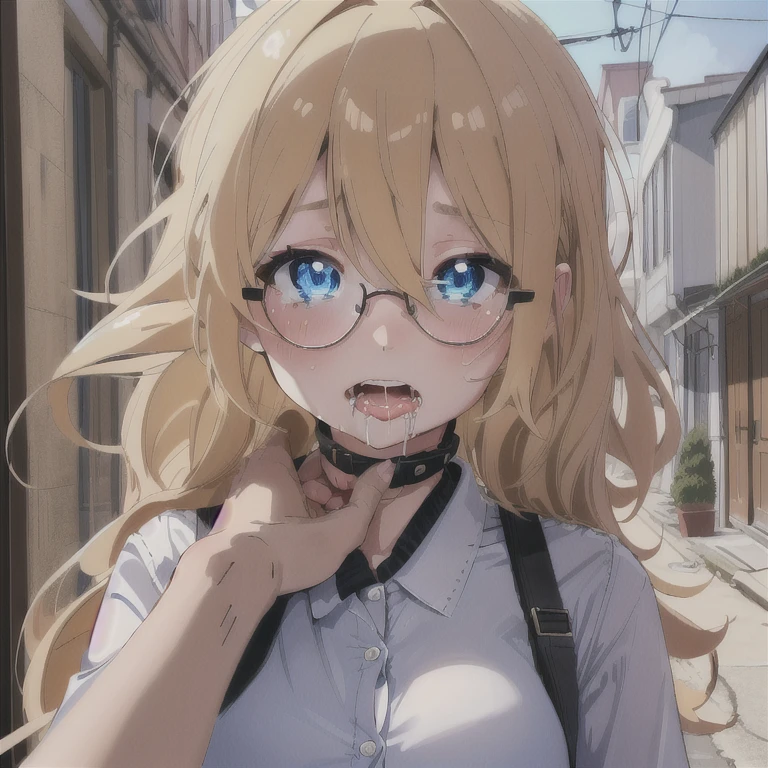 (detailed eyes:1.3), Beautiful Lighting, (1girl:blue  eyes, blonde hair, absurdly long hair, hair between eyes), (real skin), (outdoors, alley:1.2), 
 1girl, glasses, rolling eyes, strangling, asphyxiation, drooling, tearing up, spoken heart, on back