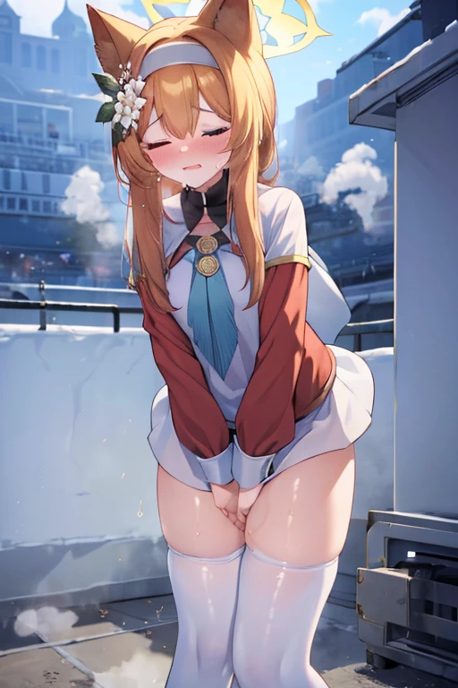 (masterpiece), best quality, expressive eyes, perfect face,nsfw:1.2,full body,embarrassed:1.2,breathless:1.4,Steam around the mouth:1.1,full-face blush:1.3,outdoors,1girl,(have to pee:1.1),(urge to pee:1.2),(very desperate to pee:1.3),(standing:1.2),(knees together and feet apart:1.5),(rub each other's knees:1.2),(leaning forward:1.3),(hand between legs,holding the crotch:1.7),(sex toy,vibrator),(white tights,vibrator in thighhighs,thighvibe:1.5),(female orgasm:1.4),(closed eyes tightly,closed mouth:1.5),(embarrassed,blush:1.5),(impatience:1.2),(flustered),(fidgeting around:1.3),(steam:1.3),(sweat skin:1.4),(streaming tears,drooling:1.3),urination:1.8