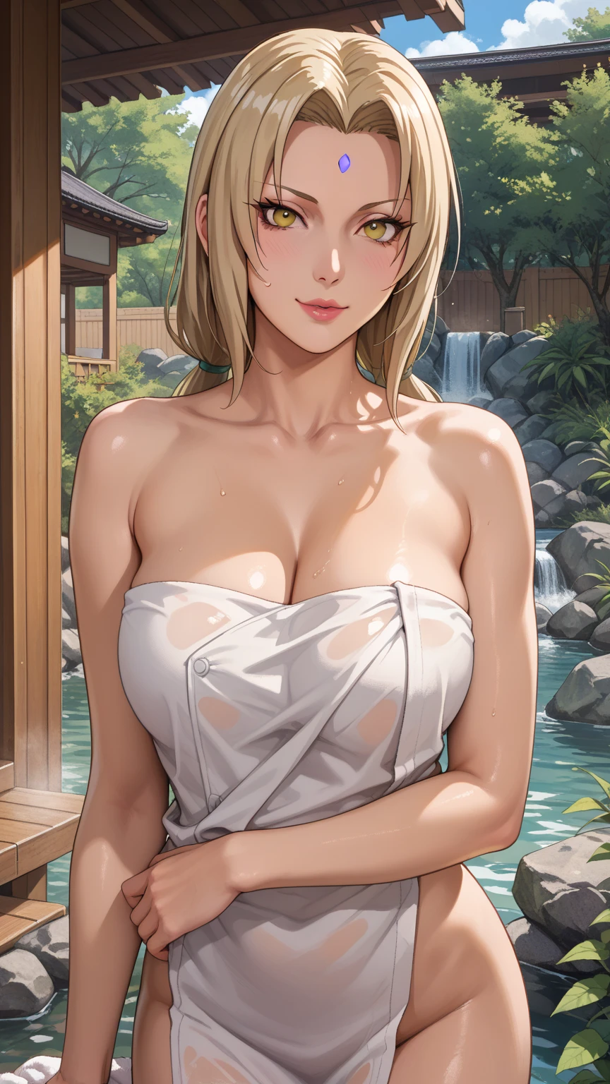 Tsunade，from naruto，white towel around her body，warm spring，Chirabi，