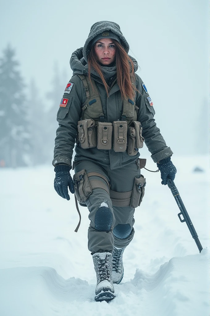 Beautiful woman with red hair in a forest with snow with white camouflage military uniform military clothing masterpiece best quality and best effects best shadows best lighting 8k super realistic quality very real with the best strokes