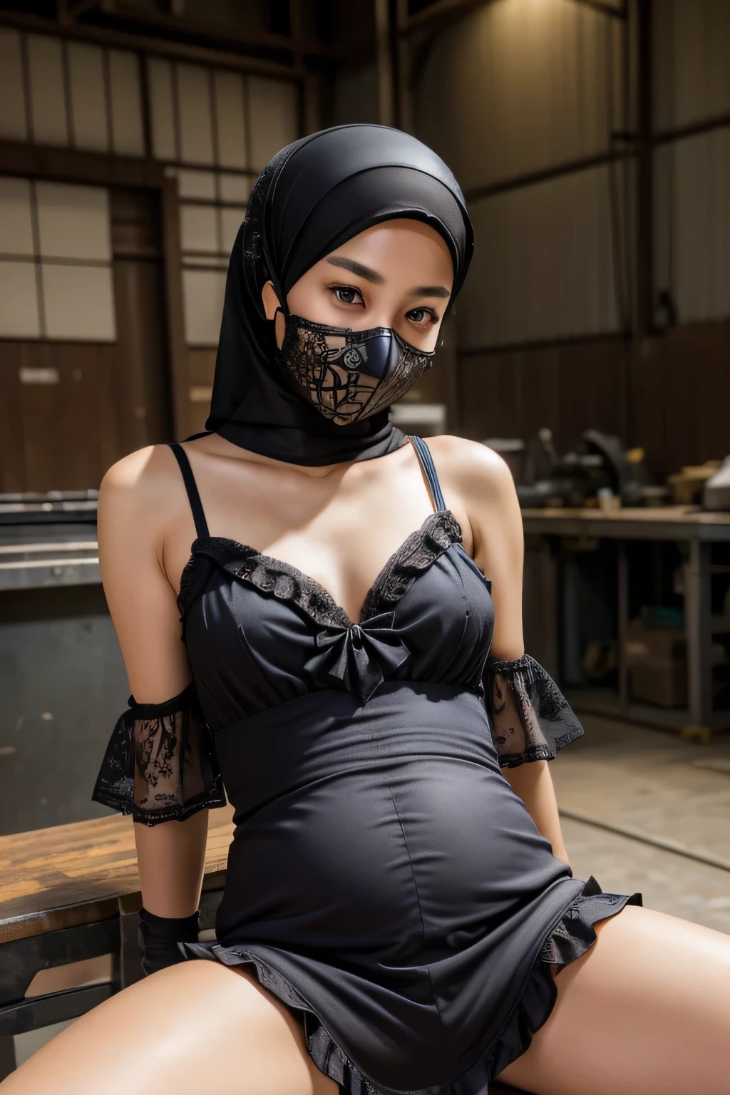 21 year old girl, hijab, (Wearing black dress, open shoulders), bare shoulders, cleavage, very big breasts, big thighs, curvy body, crawl pose. (Wearing black lace stockings, garter belt). Dark room