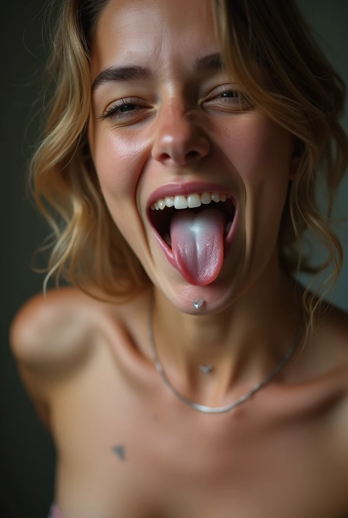 Japanese woman, beautiful girl, gal, blonde, , highest quality realistic skin, eyes in focus, 20 years old, sticking out tongue, focus on mouth, open mouth, long tongue, saliva, open mouth wide, inside of mouth visible, open mouth and sticking out tongue 