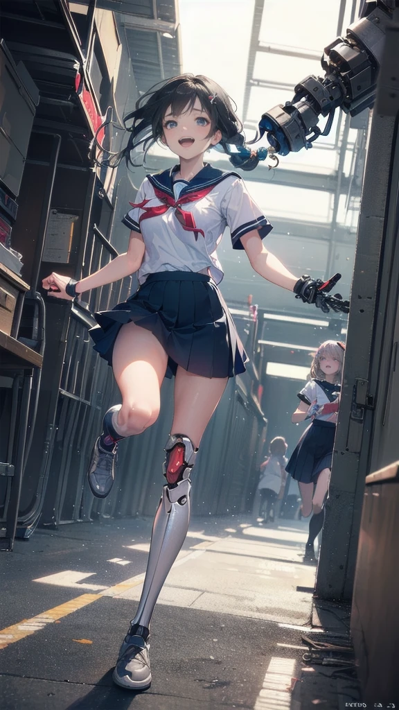 Full Body Shot,Perfect Eyes, Soft Light, high quality, 8k resolution, Masterpiece: Finely textured skin, Attention to detail, 最high quality, Awards, Very detailed, high quality,((Teenage Girls,Student Uniform,High school girl,Body 30％mechanical,Laugh naturally:1.35,The left leg is a prosthetic:1.25,His right arm is a complete prosthetic.,,Prosthetic arms and legs are futuristic,Soft looking lips,Glowing skin,Hair is braided,Hair Accessories,Soft-looking skin:1.25)),100 Meter Sprint:1.25,Running at full speed,I&#39;m good at running,Run with your thighs up,Long distance running,She wears shorts under her skirt:1.25