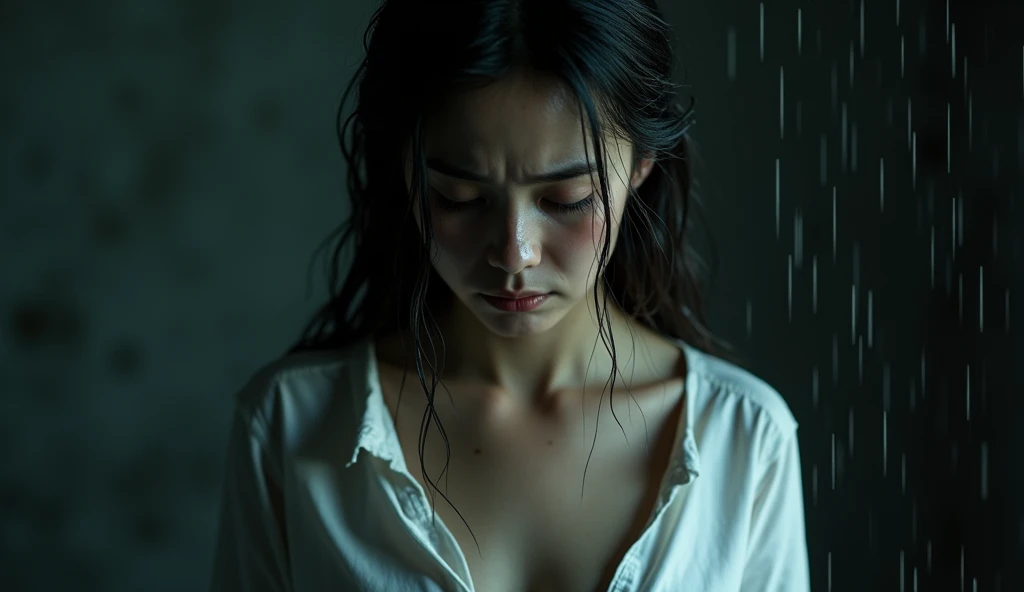 （Cinematic tones）（The film is in a cool gray tone）（Wet clothes：1.9）,（Get wet all over your body：1.9）,Top image quality, tmasterpiece, 超高分辨率, （Fidelity：1.4）, photore,deluge, stunningly beautiful woman, （Sorrow）, white  shirt, dim murky lights, shadowy, Desperate, Pity, Pathetic, Cinematic, Tears, tear drop, （ripped clothing：1.5）, （Wet clothes：1.4）, bare shoulders​, Real rain, wetting hair