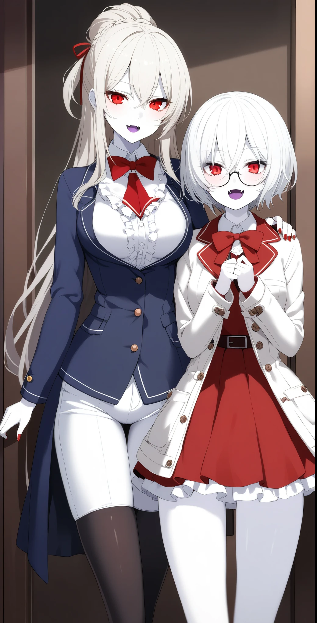 2 Girls、Recommended hairstyle、Red Eyes、The fangs grow、vampire、high school student、Pure white and pale skin、Pure white hair、Mid-winter clothes、Height 150〜Over 180cm、vampire学園の生徒、Red nails、Pure white skin、Slightly large breasts、vampire化女子