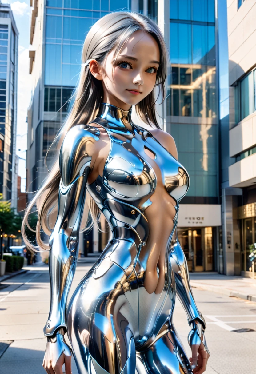 1 Girl, Soal Video, 4K quality, masterpiece, Highest quality, Sword Art Online, Yui, Long Hair, Bangs, Gray Hair, 超Long Hair, High Ponytail, barefoot, Ultra Woman, robot, Colored Skin, Eyes shining, Blue-white eyes, Beautiful breasts, Metallic Face、 ((Metallic Skin, Glowing Skin, Chrome Skin, Chrome Face, Chest jewels, , Chest jewels, Blue Gem, Muscular, Thighs, sight, whole body, smile, ))Open your mouth, Standing posture, giant, Outdoor, City, Streetscape, Skyscraper, Ralchrome