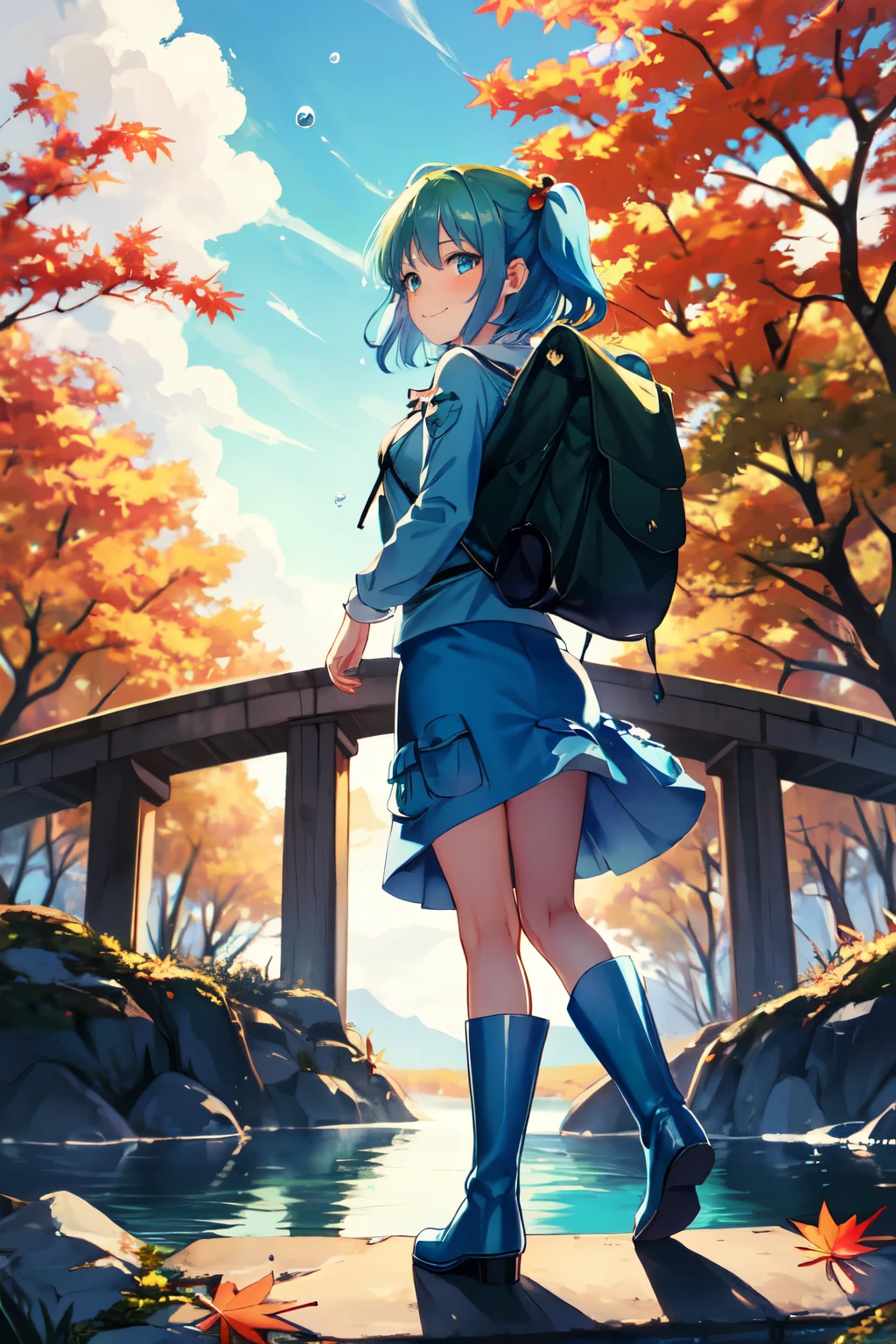 masterpiece, best quality, <lora:nitori:1>,1girl, kawashiro nitori, backpack, bag, solo, blue hair, hair ornament, hat, hair bobbles, fish, blue eyes, two side up, autumn leaves, boots, skirt, rubber boots, looking at viewer, water, short hair, leaf, koi, long sleeves, cloud, bubble, bridge, skirt set, autumn, sky, maple leaf, looking back, album cover, shirt, tree, smile, waterfall, river, cover, blue skirt