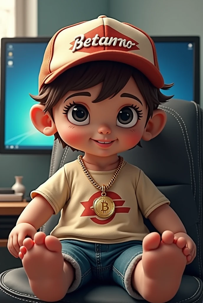 make a drawing of an animated doll sitting on a chair with a shirt with the word Betano written on it and a cap with the word Betano written on it and a gold chain with a bitcoin medal around his neck in front of a computer