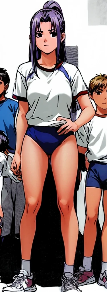 On the right stands Momoko Koigakubo in gym clothes with beautiful legs.。On the left stands a young boy in a jersey.。High image quality。