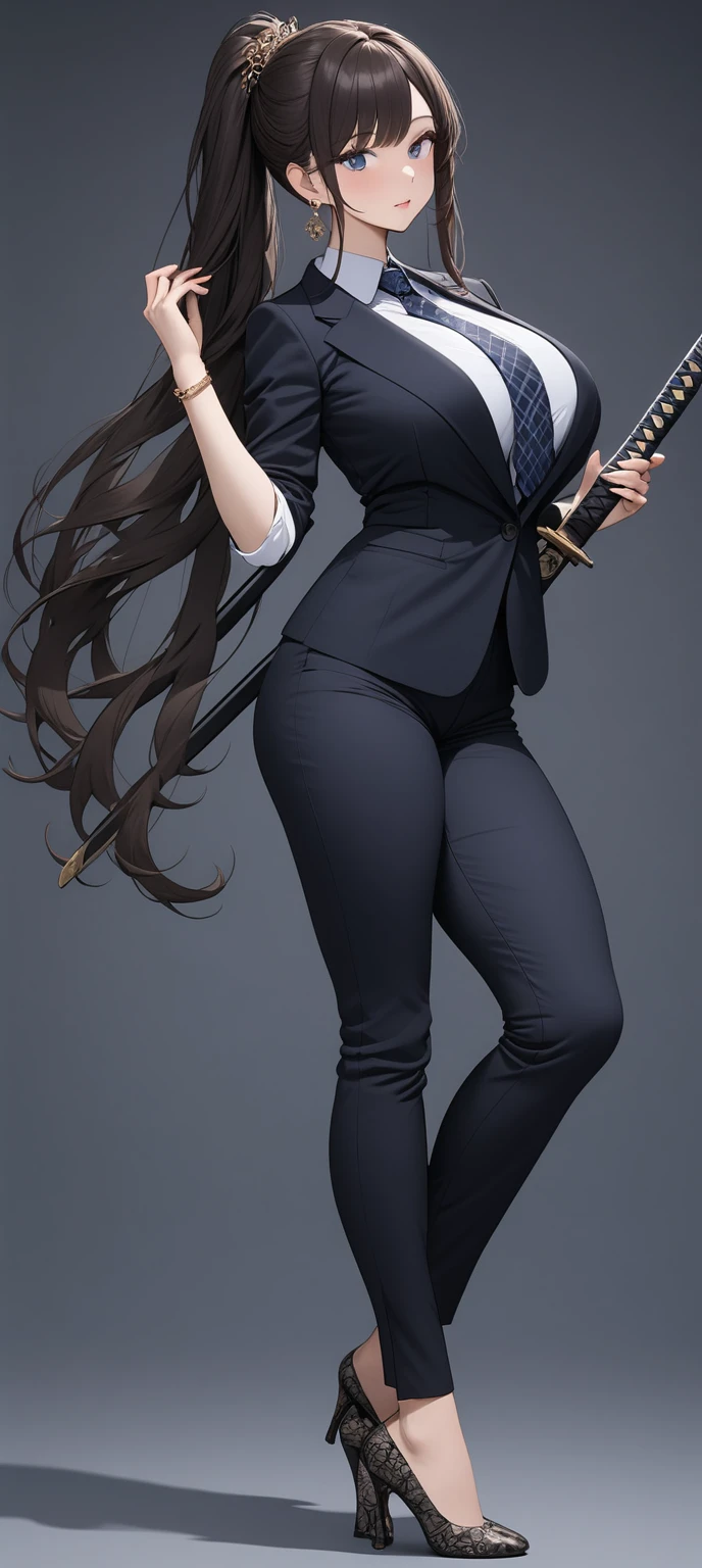 ((masterpiece)), ((high quality)),((ultra-detailed)), ((extremely detailed)),4K,8K, wearing navy pants suit, 2, in Office Suit, Office pants,very tall girl with a perfect big butt, 1girl, middle big ass, skin fit pants, tight suit,big breasts, Roll up sleeves ,black curly hair, ponytail, office lady, full body closed-up, black patterned floury pumps, plain background, earrings,  Tuck in shirt, hand on elegant Japanese sword with sheath, brown belt, hime cut, cold beauty, perfect hands, perfect face, perfect eyes, perfect body, Japanese style hair ornament, bracelet, holding_sword, Angle from front, blue plaid necktie, stand with own legs apart