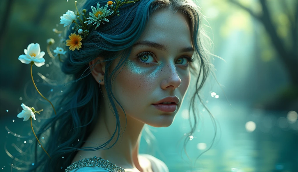 a dryad swimming on a mystic lake,  delicate light azure eyes,  nightime, <lora:mjv6:0.9>