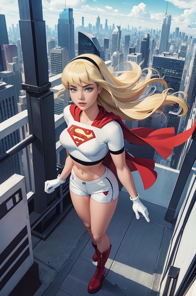 (cowboy shot), SFW, (masterpiece), (best quality: 1.0), (ultra highres: 1.0), detailed eyes, BREAK Supergirl, 1girl, long blonde hair, Hair band, \(white\) crop top, dolphin shorts, gloves, boots BREAK (clouds, city, stunning view) sexy, stunning, flying in the air, sexy, large 
