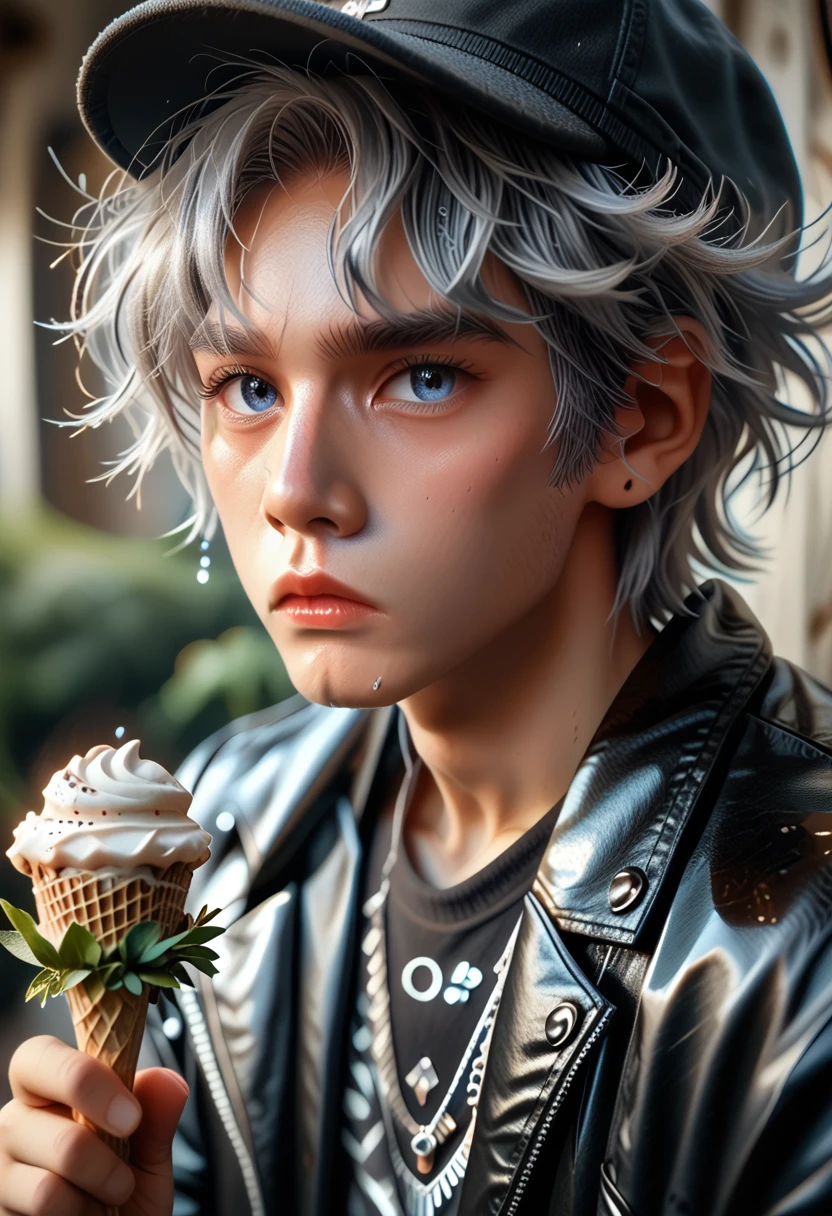 Handsome young man wearing a leather jacket, wear a cap, with silver hair, holding ice cream, silver dirty hair, Beautiful, (8 k, RAW photo, photorealistic:1.25) ,( lip gloss, eyelashes, man, glossy face, Glossy leather, dark skin, gloomy sobbing, male, Best quality, ultra high resolution, young man, depth of field, chromatic aberration, caustics, Wide illumination, natural shading,k-pop idol) looks at the viewer with serene and godlike happiness,