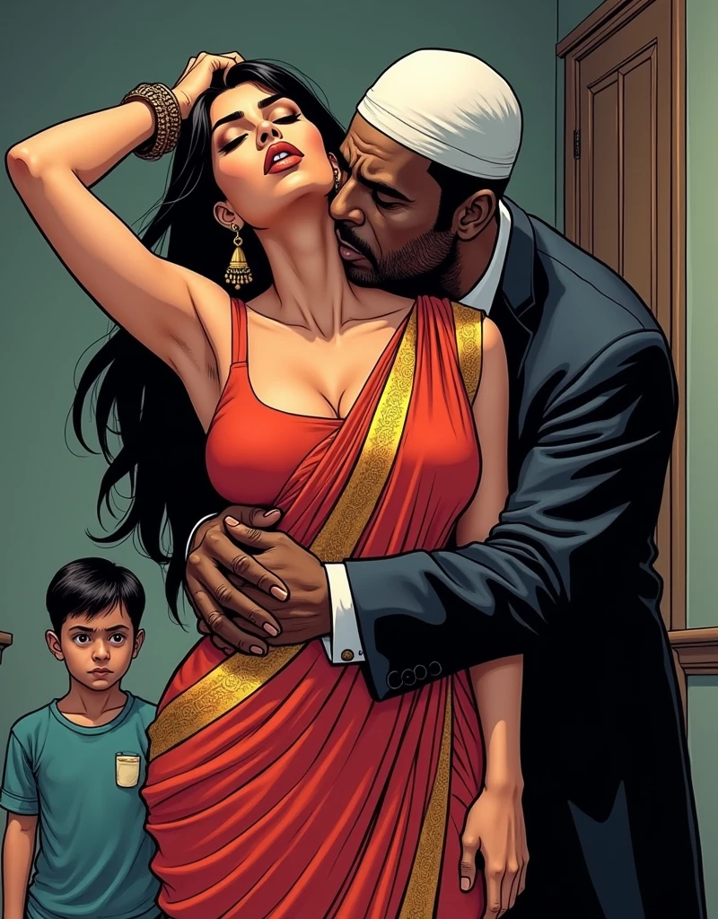 (kim kardashian as a bhabhi with huge boobs in saree, kim kardashian posing with her hands on her head, a dark-skinned talibani muslim cleric wearing an islamic skullcap stands behind bhabhi holding her waist and kissing her neck, bhabhi biting her lips seductively with her eyes closed, little son watching, tense and dramatic), comic style