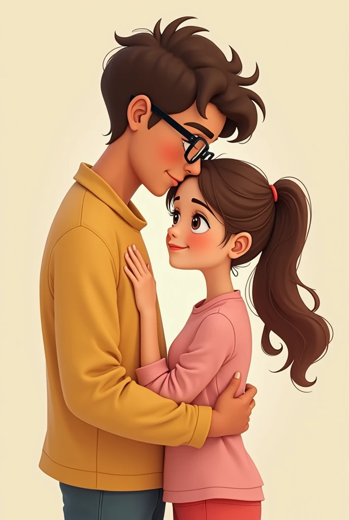 a tall boy with wavy not so curly
 hair ,brown skin tone and black glasses, giving a warm hug to a girl with doe eyes and long, flowing hair with a ponytail. She’s dressed in a cute pink outfit, her yellow skin tone contrasting nicely with the boy’s brown skin. Their heights make the hug look affectionate, with the boy leaning down slightly. 