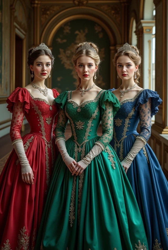 (best quality,4k,8k,highres,masterpiece), ultra-detailed,(realistic, photorealistic, photo-realistic:), A photorealistic rendering of two beautiful women standing side by side in a luxurious Victorian cream and green-themed room. They wear intricately designed corsets and lingerie, one in pink and teal and the other in red and black. The room features ornate furniture, a grand chandelier, and lush drapery. Rendered in Unreal Engine 5 with bold colors and finely detailed textures