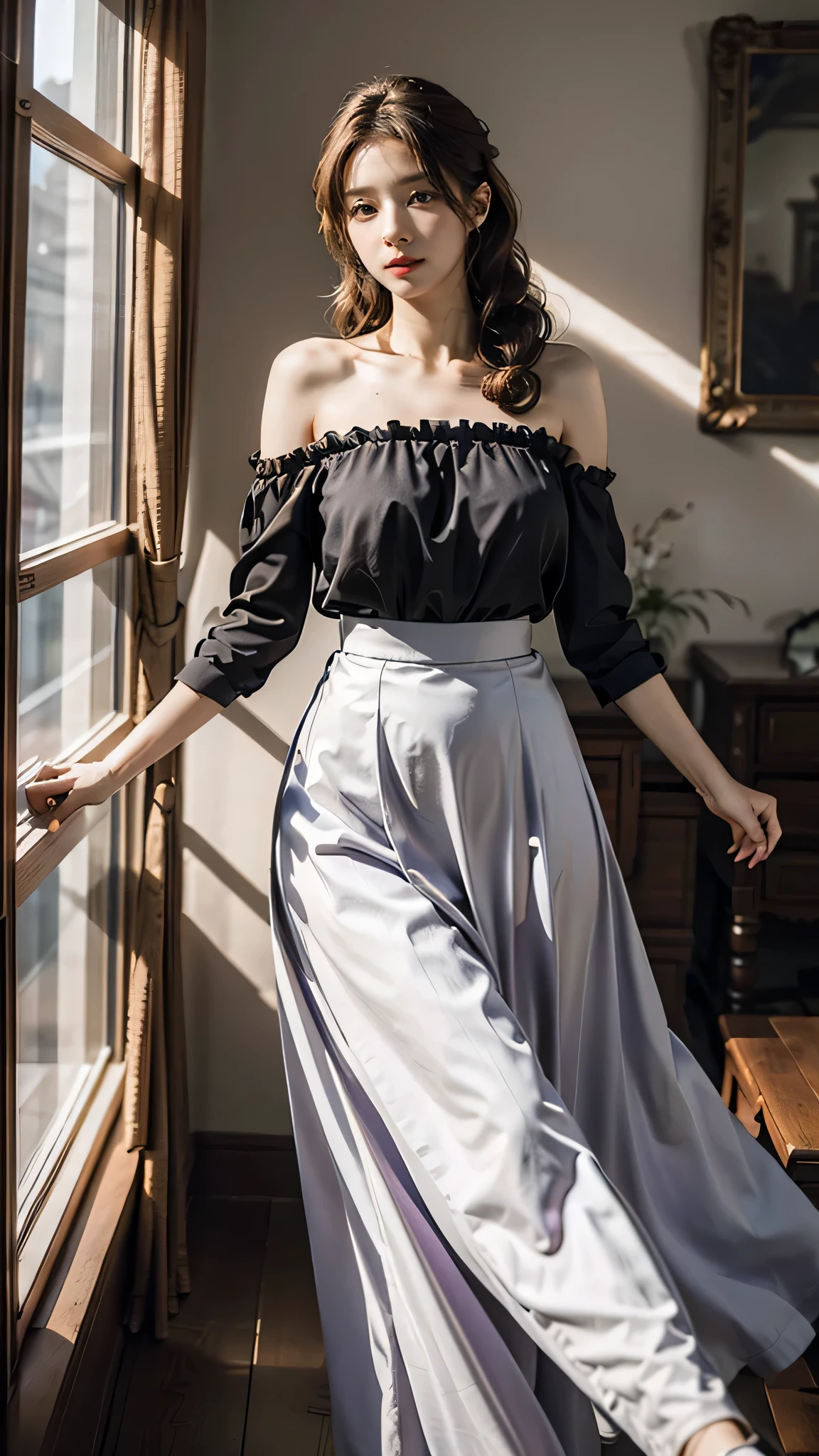 A woman in a black top and silver skirt standing by a window - SeaArt AI